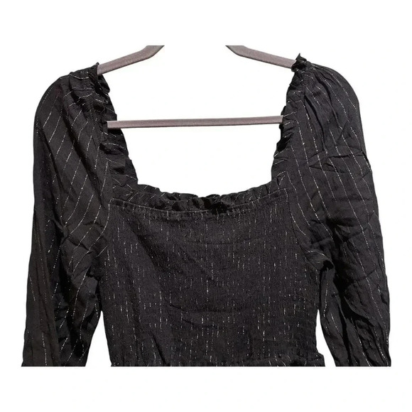 NWT Oat New York Long Sleeve Black‎ & Gold Square Neck Smocked Dress | Size S - Picture 3 of 9